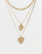 Asos Design Multirow Necklace With Vintage Style Tag And Engraved 'i Love You' Heart Pendants In Gold Tone - Gold