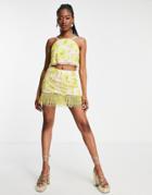 Miss Selfridge Embellished Floral Fringed Mini Skirt In Yellow