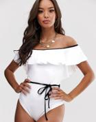 Asos Design Recycled Contrast Mono Bandeau Frill Swimsuit In White