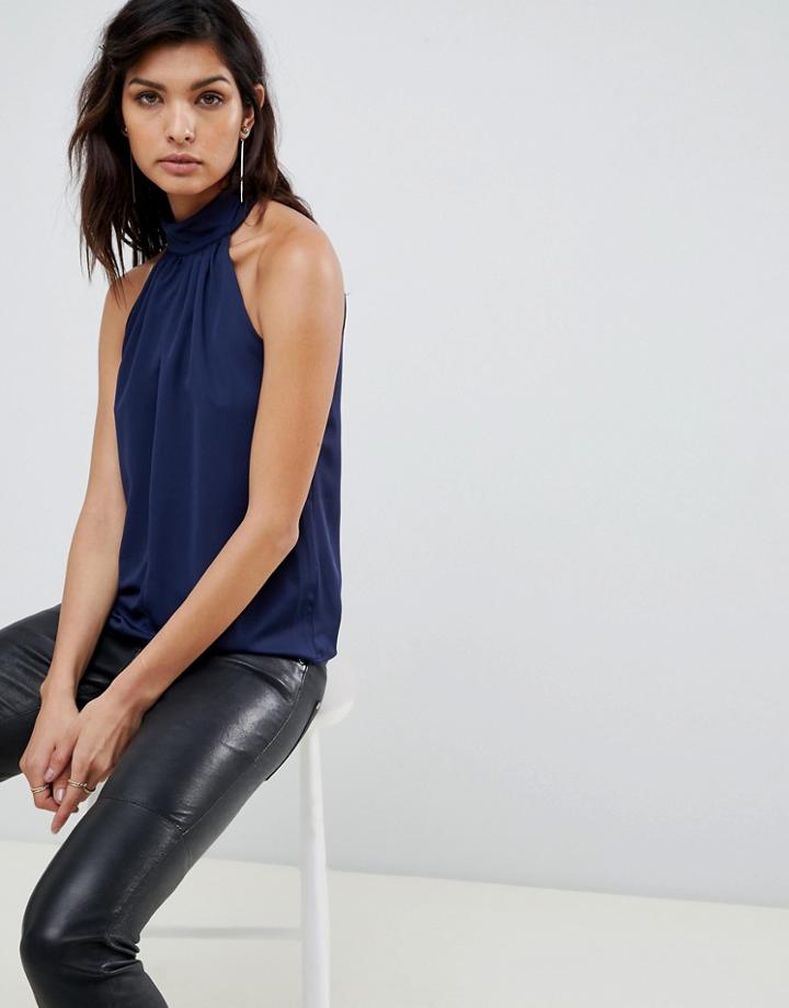 Vesper Halterneck Pleat Front Top - Navy