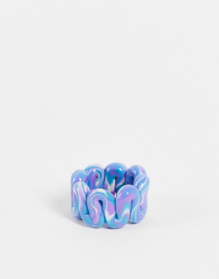Asos Design Ring In Plastic Chubby Swiggle Design In Lilac And Blue Marble-multi