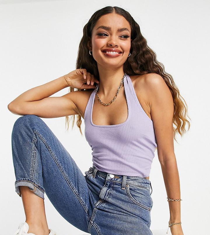Asos Design Petite Square Halterneck Cropped Top In Heather-purple