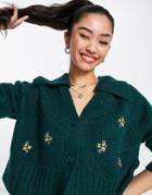 Urban Revivo Embroidered Cardigan With Collar In Green