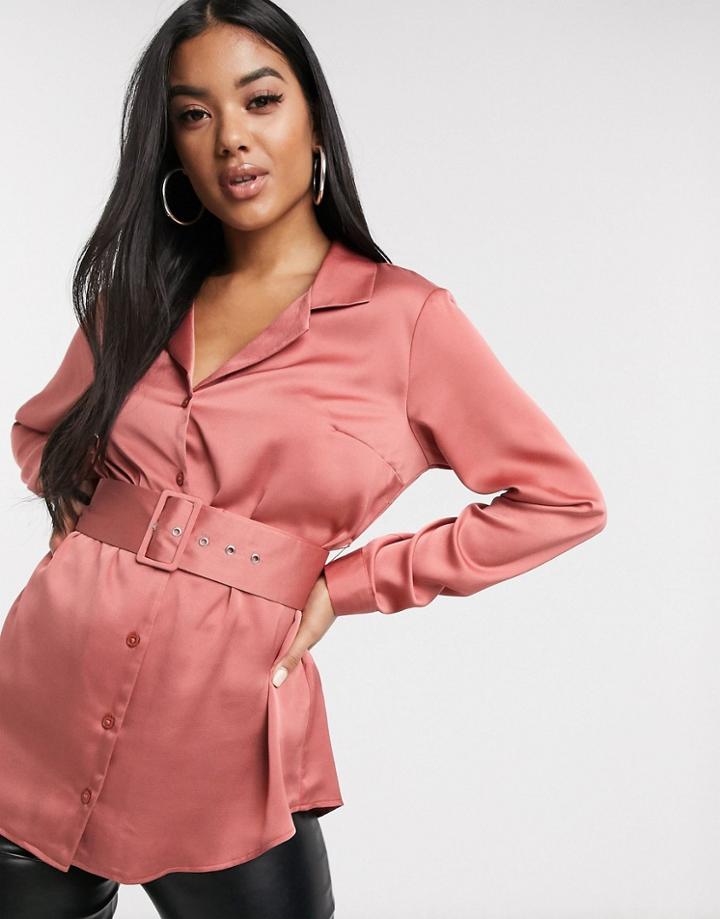 Asos Design Relaxed Satin Long Sleeve Shirt With Belt Detail-no Color