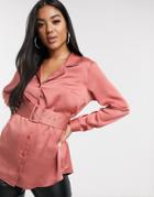 Asos Design Relaxed Satin Long Sleeve Shirt With Belt Detail-no Color