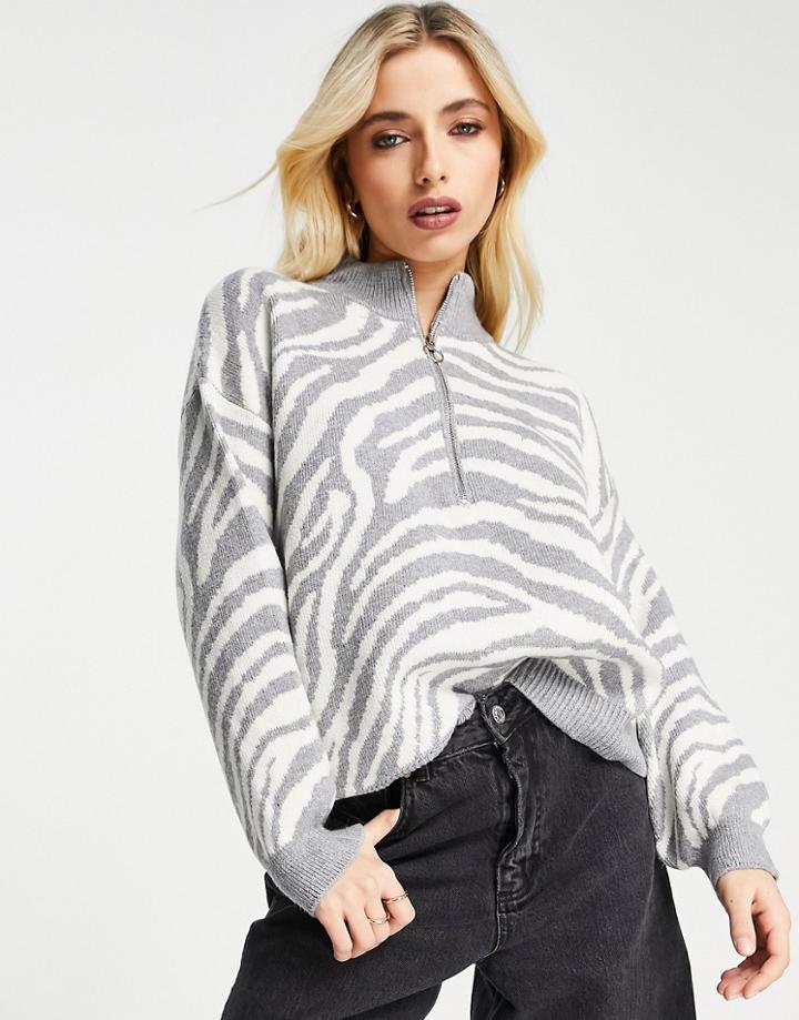 New Look Zip Through High Neck Sweater In Gray Zebra Knit