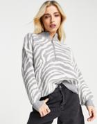 New Look Zip Through High Neck Sweater In Gray Zebra Knit
