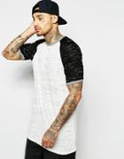 Asos Longline T-shirt With Contrast Raglan Sleeves In Inject Dye - White