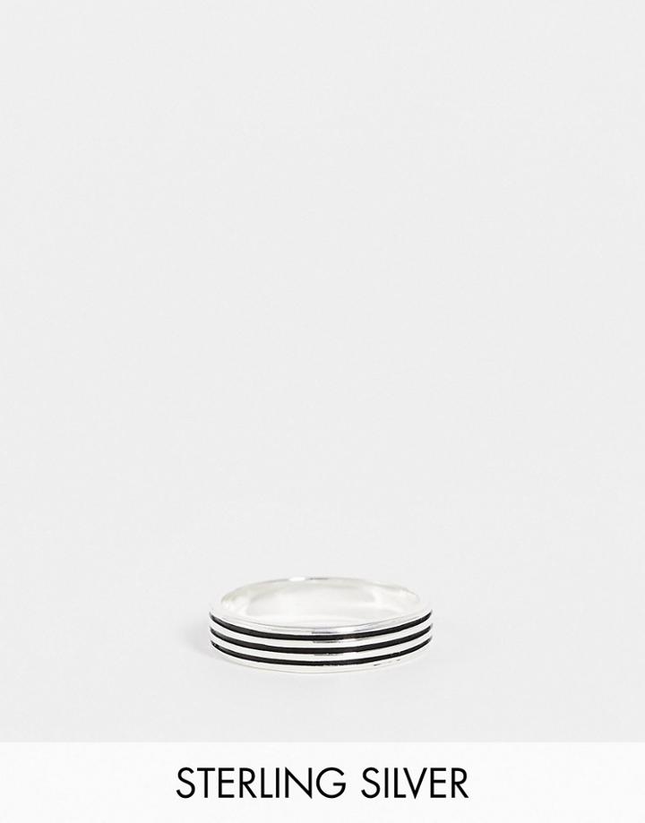 Asos Design Sterling Silver Band Ring With Embossed Line Design