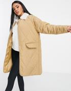 Qed London Diamond Quilted Coat With Faux Fur Lining And Collar In Tan-brown