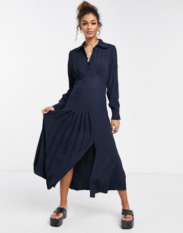 Ghost Claudette Dress With Long Sleeves And Side Slit In Navy