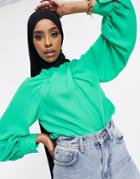 Asos Design Long Sleeve Top With Twist Neck Detail In Bright Green