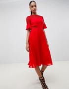 Asos Design Lace Insert Pleated Midi Dress-red