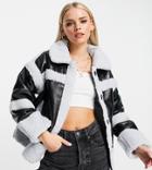 Asos Design Petite Sherpa Paneled Jacket In Black And Blue