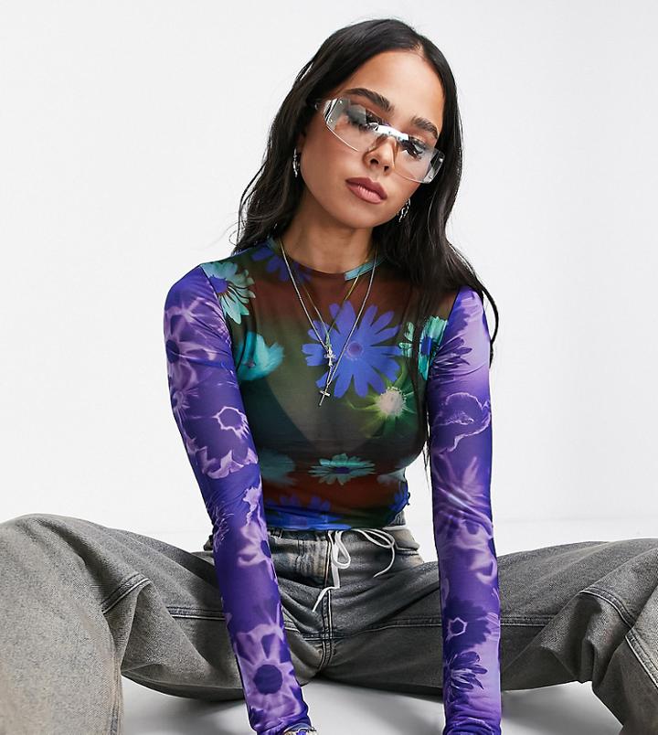 Collusion Mesh Digital Floral Long Sleeve Top In Multi
