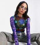 Collusion Mesh Digital Floral Long Sleeve Top In Multi