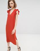 Lost Ink Midi Dress With Frill Sleeve - Orange