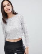Asos Design Long Sleeve Top With Sequin Embellishment-white
