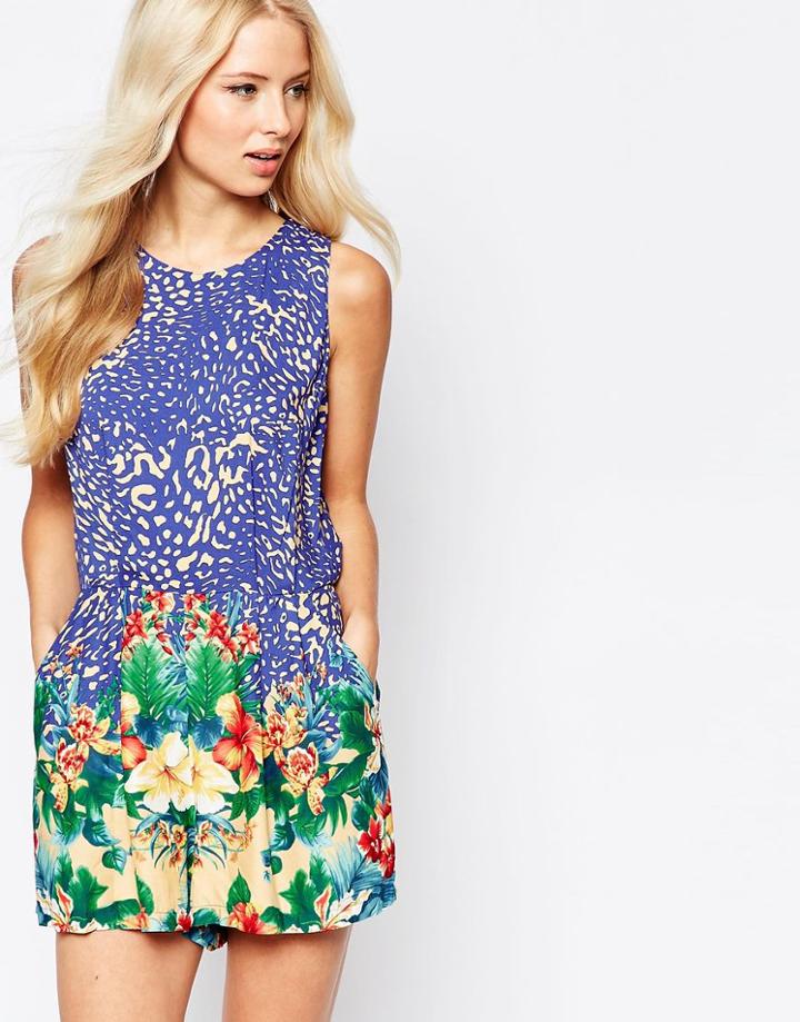 Traffic People Aina Romper In Border Floral Print - Blue Floral