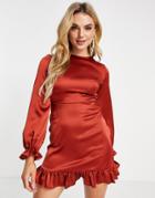 Flounce London Long Sleeve Backless Satin Mini Dress In Cinnamon-brown