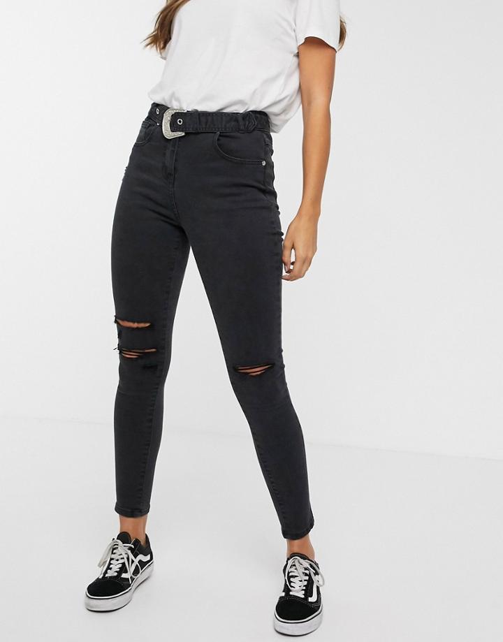 Parisian Belted Jeans In Charcoal-gray