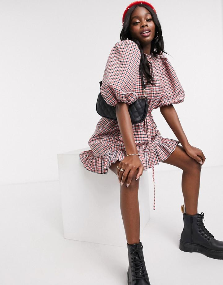 Asos Design High Neck Mini Smock Dress With Drawstring Waist In Gingham-multi