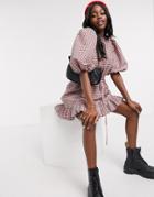 Asos Design High Neck Mini Smock Dress With Drawstring Waist In Gingham-multi