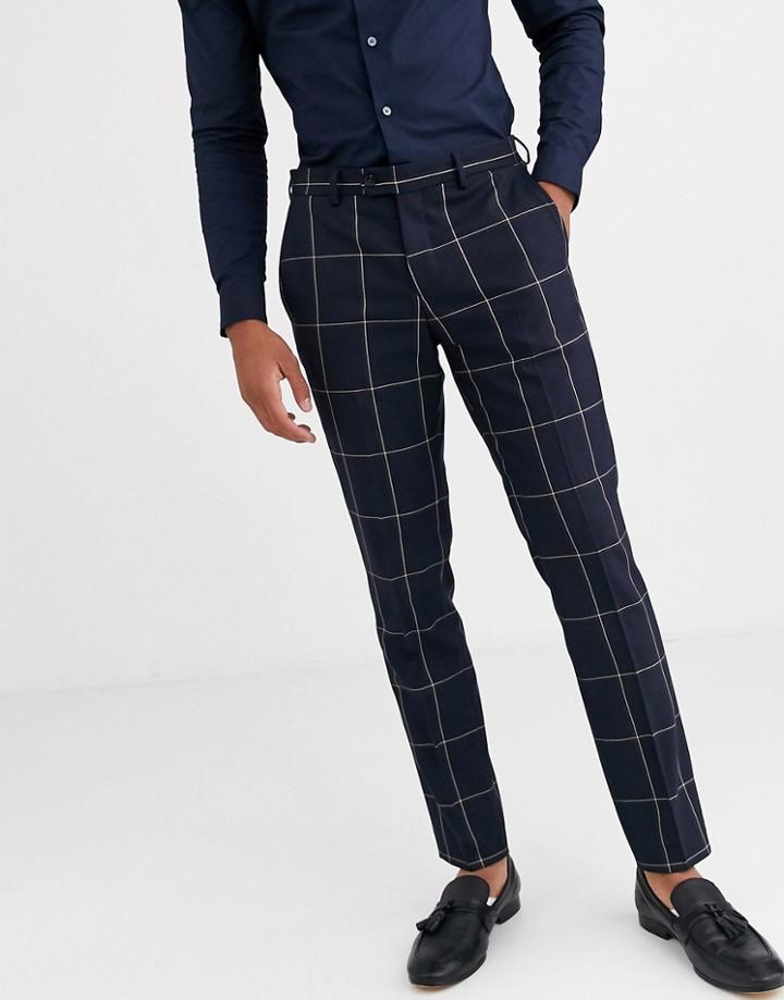 Jack & Jones Premium Skinny Fit Window Pane Suit Pants In Navy