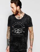Asos Longline T-shirt With Acid Wash And Skull Print - Washed Black