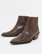 Asos Design Cuban Heel Western Chelsea Boot In Brown Snake Leather With Angular Sole