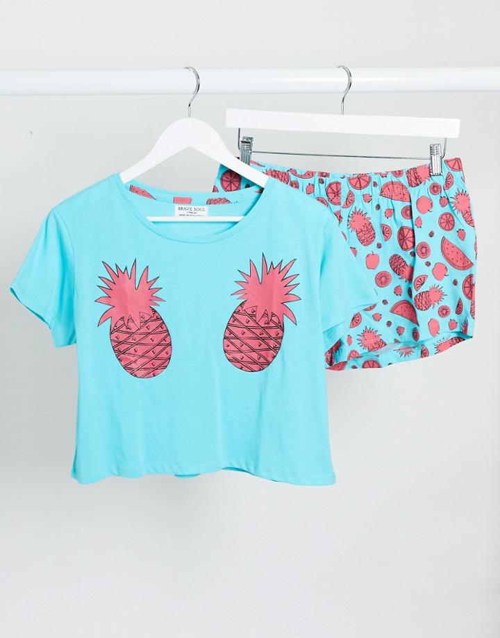 Brave Soul Paradise Short Sleeve Pyjama Set With Pinapple Print-blue