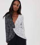 Asos Design Tall Long Sleeve Twist Front Top In Mixed Mono Print-multi