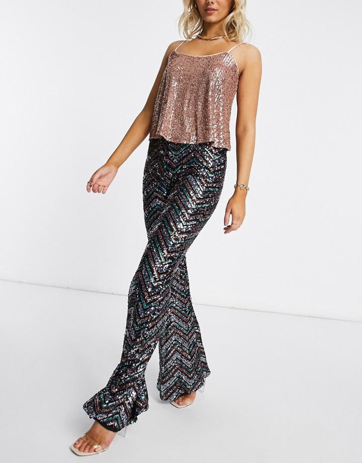 Club L London Sequin Patterned Wide Leg Pants In Bronze-brown