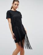 Asos Mini T-shirt Dress With Fringe Detail - Black