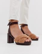 Asos Design Hidden Platform Block Heeled Sandals In Tan Croc And Borg-brown