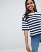 Bellfield Chunky Stripe Knit Sweater Bell Sleeve-navy
