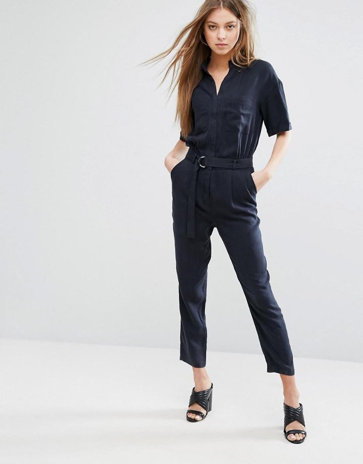 Warehouse Short Sleeve Belted Jumpsuit - Navy