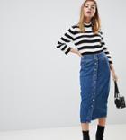 Asos Design Petite Denim Midi Skirt With Poppers In Midwash Blue