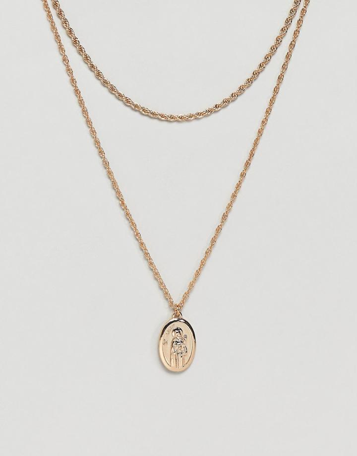 Asos Design Vintage Style Layered Necklaces With Religious Pendant - Gold