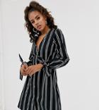 Asos Design Tall Button Through Mini Skater Dress With Tie Sleeves In Stripe - Multi