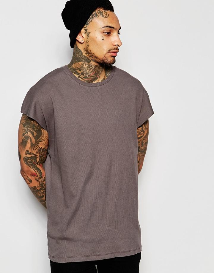 Asos Oversized Sleeveless T-shirt In Rib In Gray - Castle Rock
