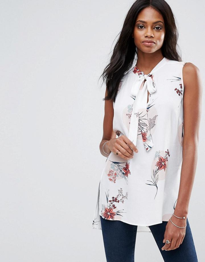 Liquorish Pussy Bow Floral Print Longline Sleeveless Shirt - White