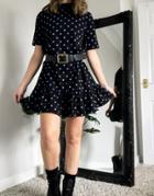 Asos Design Mini Short Sleeve Shirred Detail High Neck Dress With Peplum Hem In Black And Purple Dots