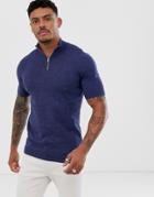 Asos Design Knitted Half Zip T-shirt In Navy - Navy