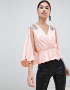 Asos Design Wrap Peplum Kimono Sleeve Top With Embellishment - Pink