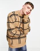 Mennace Oversized Knitted Sweater In Brown With Black Check