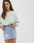 Pull & Bear Textured Sweat Top With Logo In Green - Green