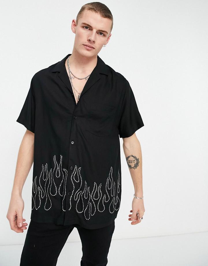 Asos Design Relaxed Revere Shirt In Black With Flame Stud Detail