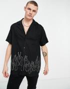 Asos Design Relaxed Revere Shirt In Black With Flame Stud Detail