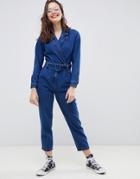 Asos Design Denim Blazer Jumpsuit In Midwash Blue - Blue
